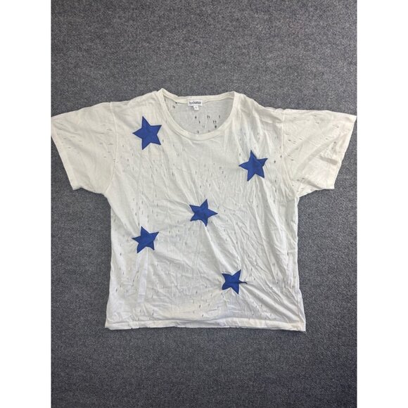 ByChance Tops - ByChance Short Sleeve T-Shirt Women's Large White Blue Lambskin Stars Distressed